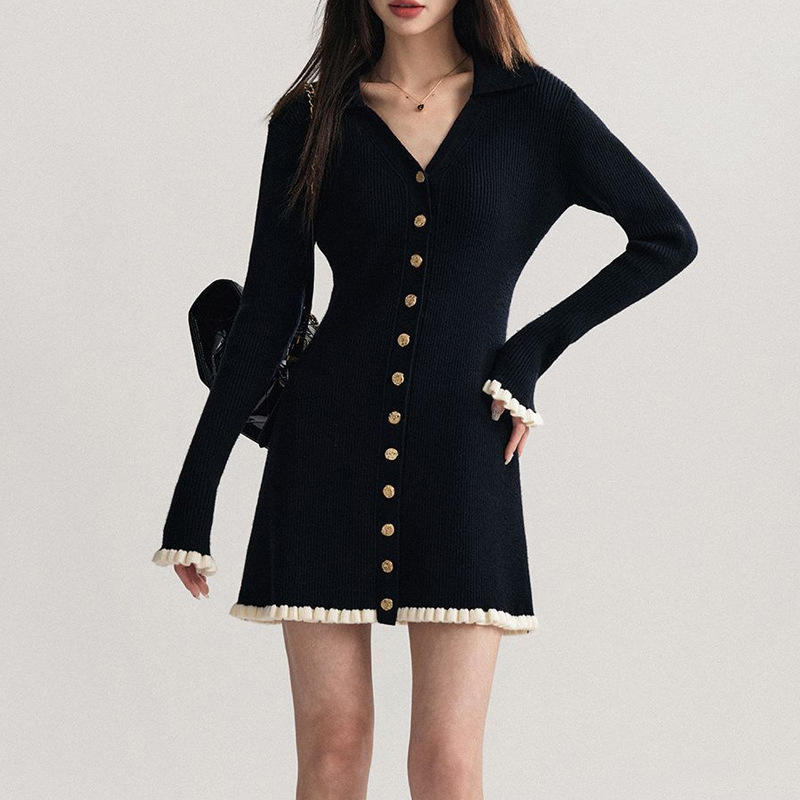 Womens Button-Front Knit Mini Dress Elegant V-neck Slim Long Sleeve Cardigan